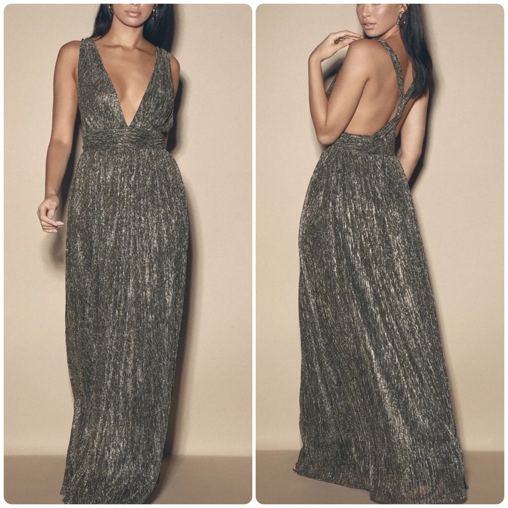 Lulu’s Looking Radiant Black and Gold‎ Metallic Maxi Dress